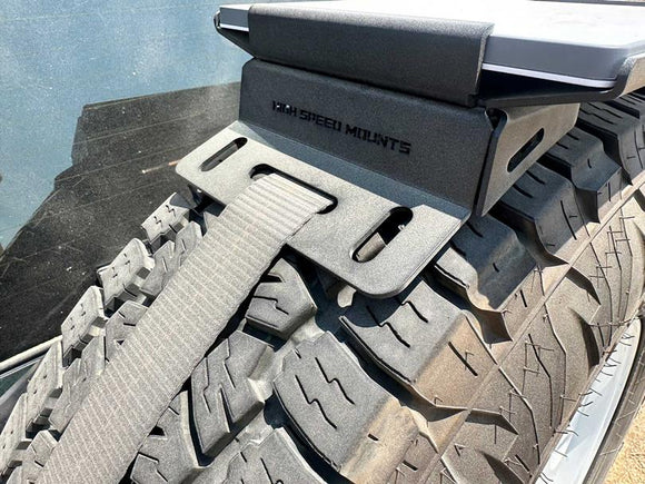 Tire with speed limits mounted on a vehicle, showing brand 'High Speed Mounts'